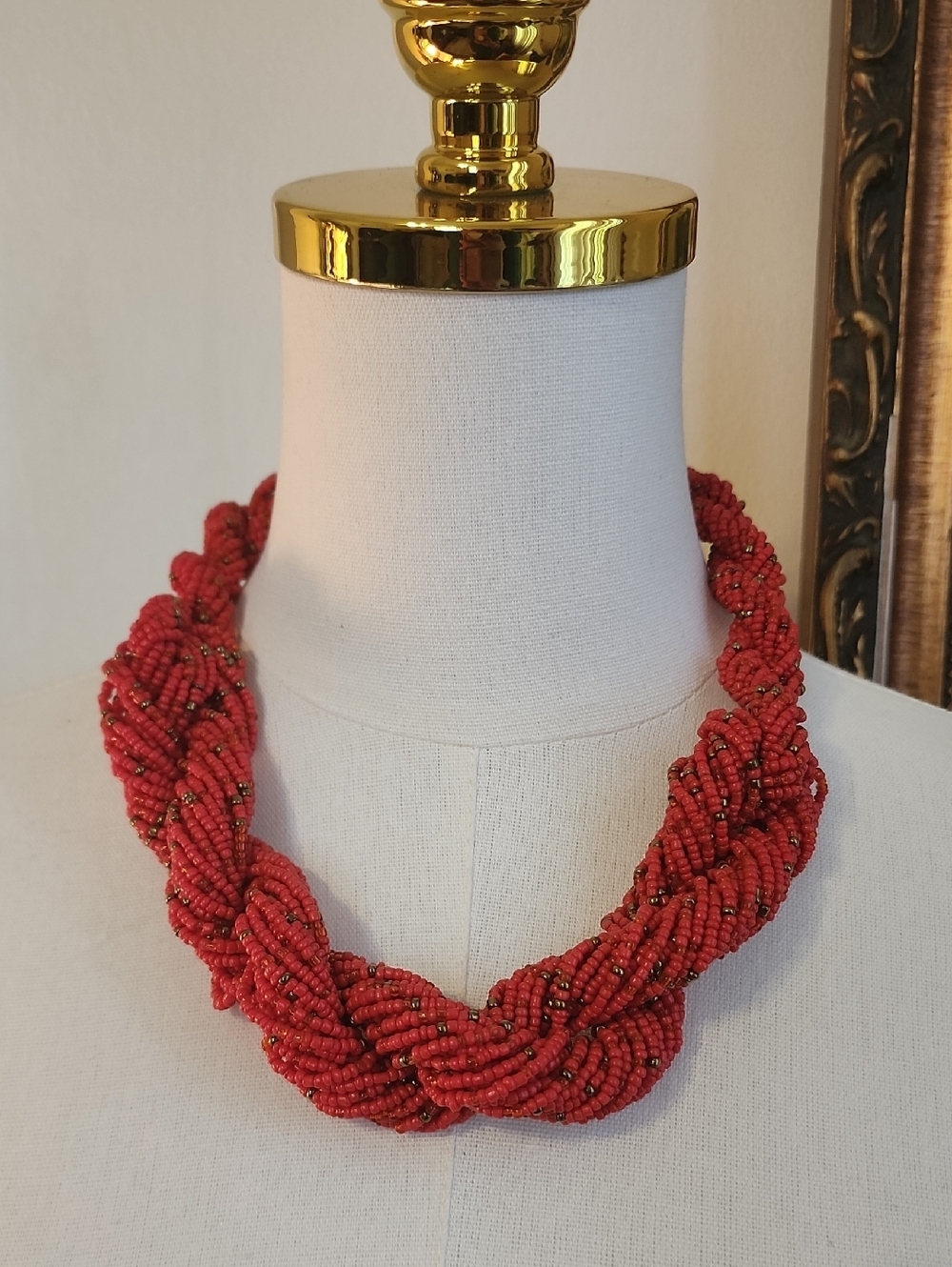 Red Braided Seed Bead Necklace Chunky Collar Statement Vintage